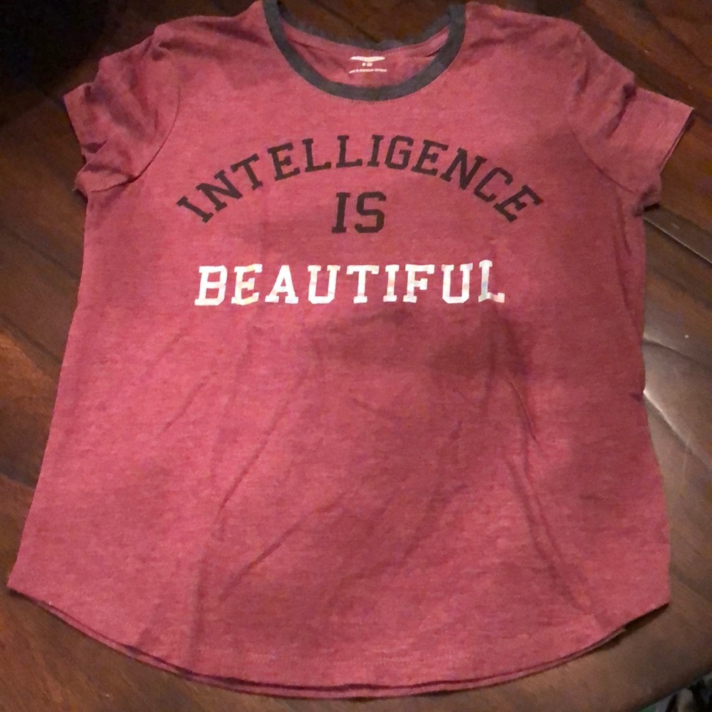 Old Navy “Intelligence Is Beautiful” Short Sleeved Grey Collar, Wine T-Shirt